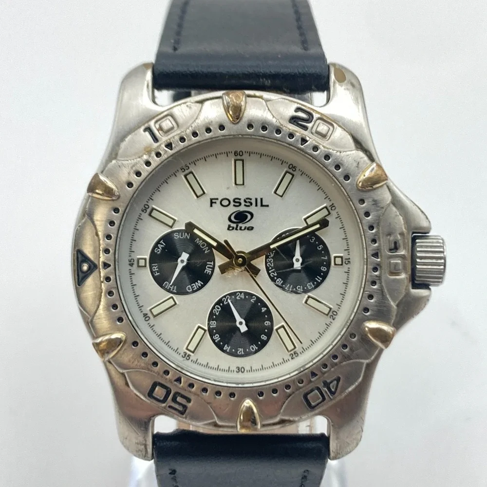 Fossil Blue Men's Watch 38mm Silver Tone Day Date Rotating Bezel New Battery 9
